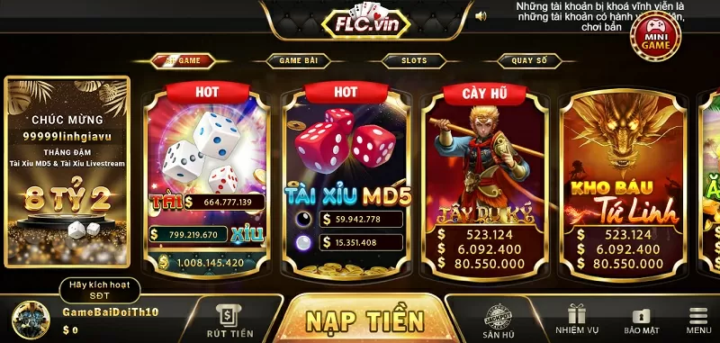 Giao diện thiết kế đẹp mắt và hấp dẫn của cổng game FCL Vin