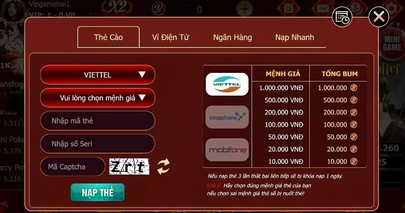 Nạp tiền Bum68 Vip