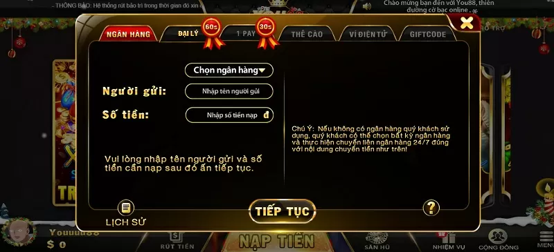 Hướng dẫn nạp tiền đơn giản và nhanh chóng tại cổng game You88