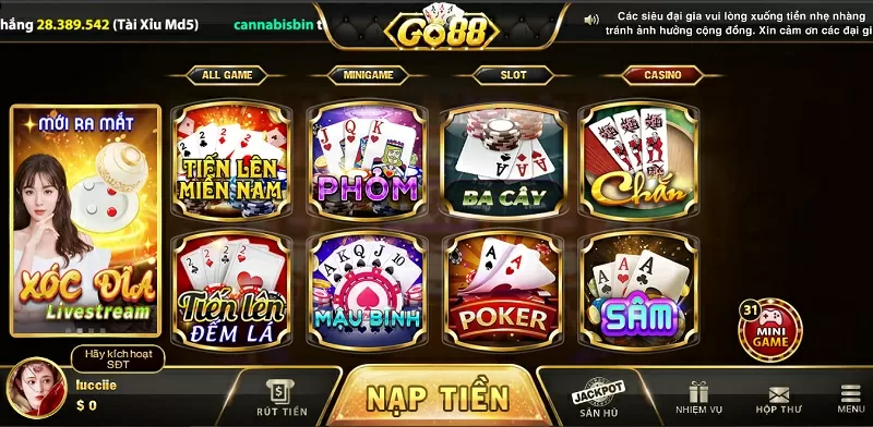 Giao diện chính của cổng game bài Liêng Go88