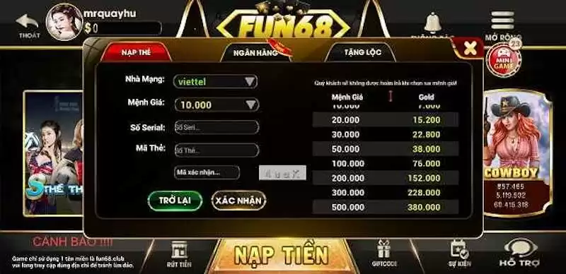 Nạp tiền và rút tiền nhanh chóng với 3 bước tại Fun68 Club