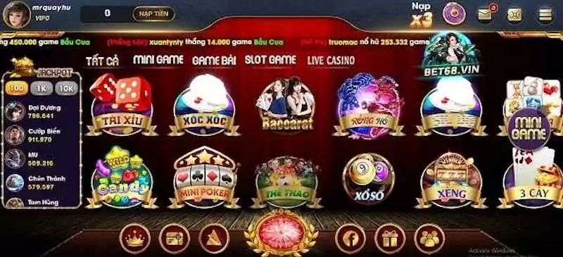 Giao diện bắt mắt và hấp dẫn tại cổng game đánh bài online Bet68 Vin