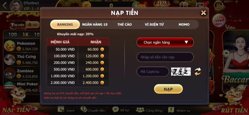 Nạp tiền và rút tiền nhanh chóng tại King68