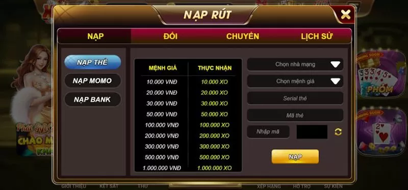 Nạp tiền và Rút tiền Xo68 Club