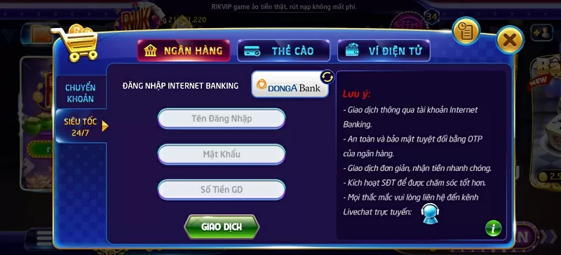 Thực hiện nạp tiền siêu tốc 24/7 trên chính cổng game