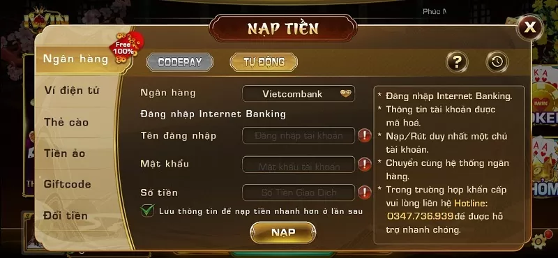 Nạp tiền với hình thức ngân hàng tại cổng game bài uy tín Iwin Club