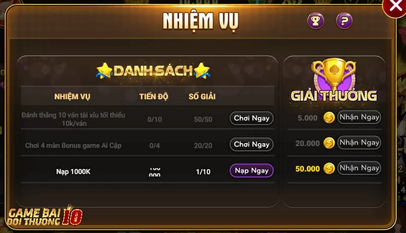 Thực hiện nhiệm vụ nhận thưởng cực chất lượng tại cổng game bài